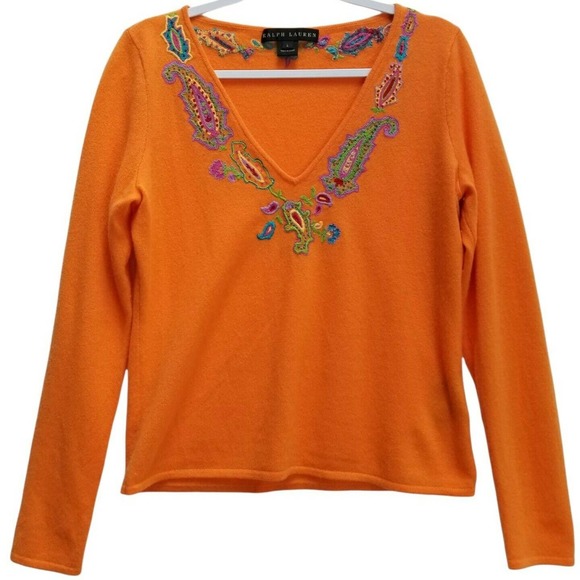 Ralph Lauren Black Label Women's V-Neck Cashmere Sweater Embroidered Orange Sz L - Picture 4 of 12